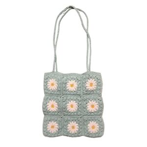 Pull & Bear Floral Daisy Crochet Bag blue green white cotton